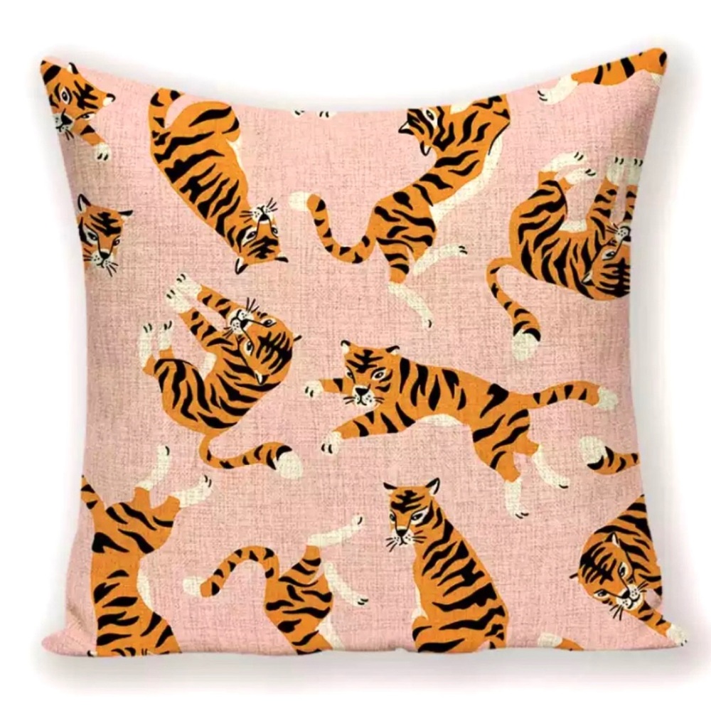 Luxury Home | Preppy Chic Pink Tiger Print Linen Blend Throw Pillow Cover 🐅 - Picture 4 of 4